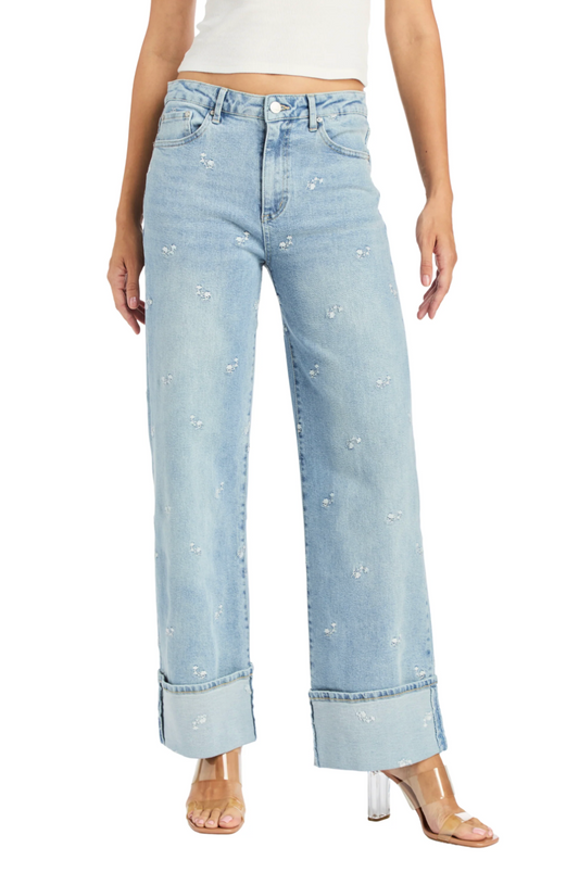 Floral Embroidery Jeans w Cuff