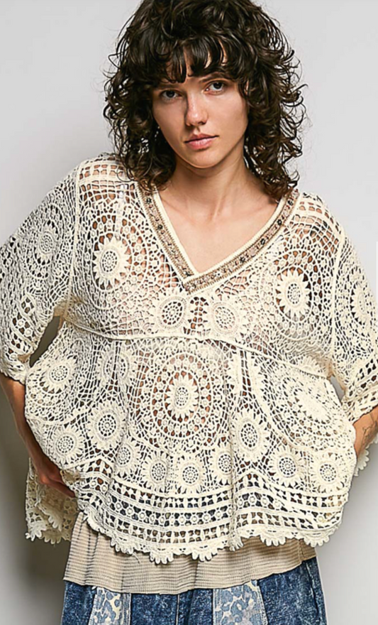 Bead & Crochet Blouse - Natural