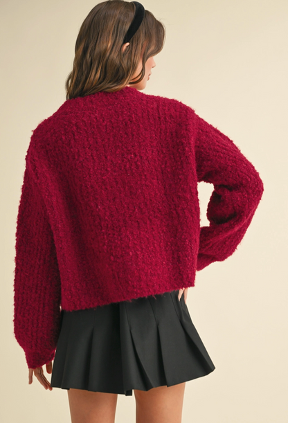 Red Roundneck Button Cardigan