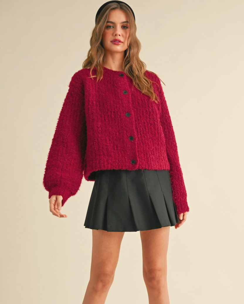 Red Roundneck Button Cardigan