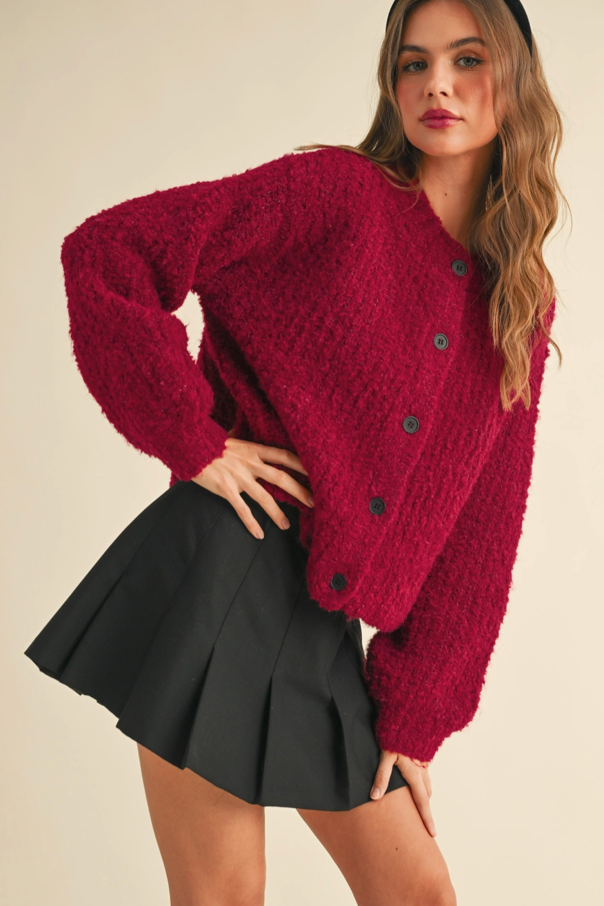 Red Roundneck Button Cardigan