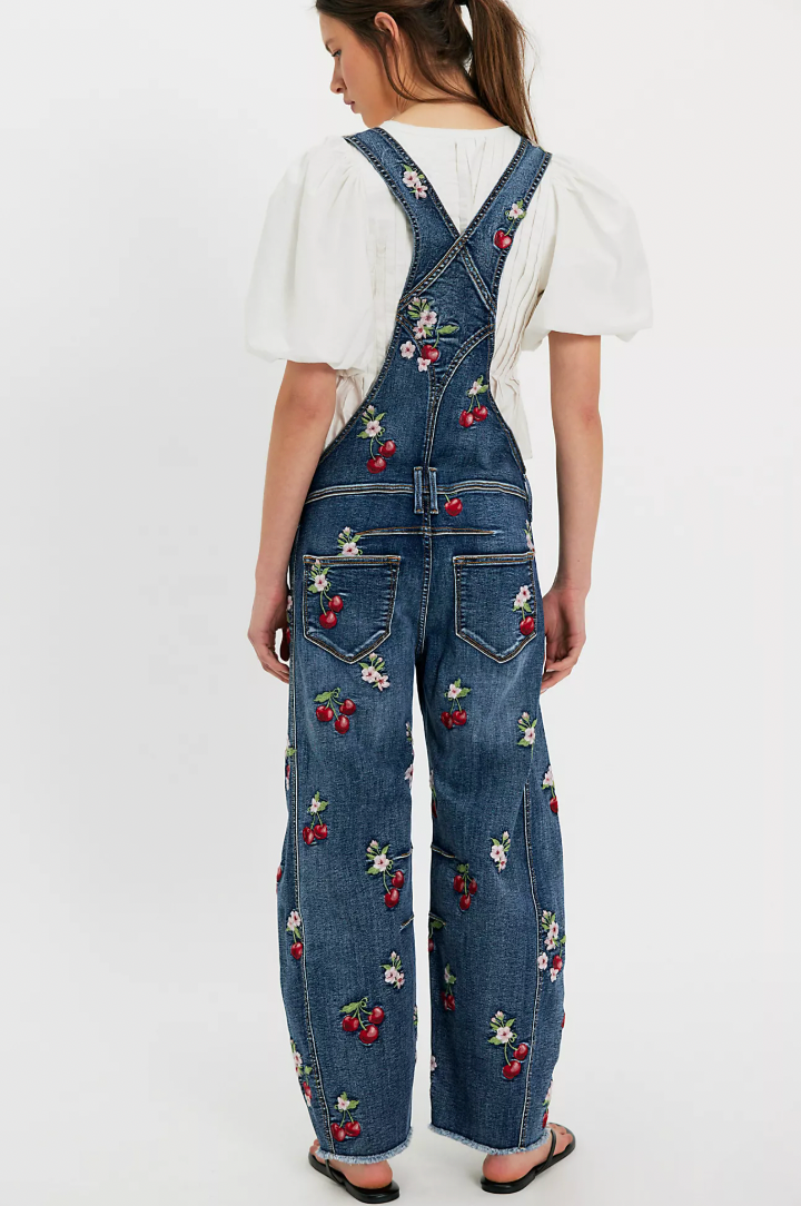 Cherry Embroidered Overalls