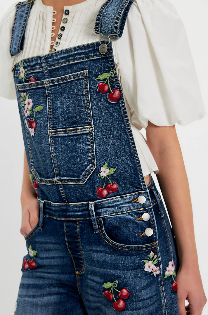 Cherry Embroidered Overalls