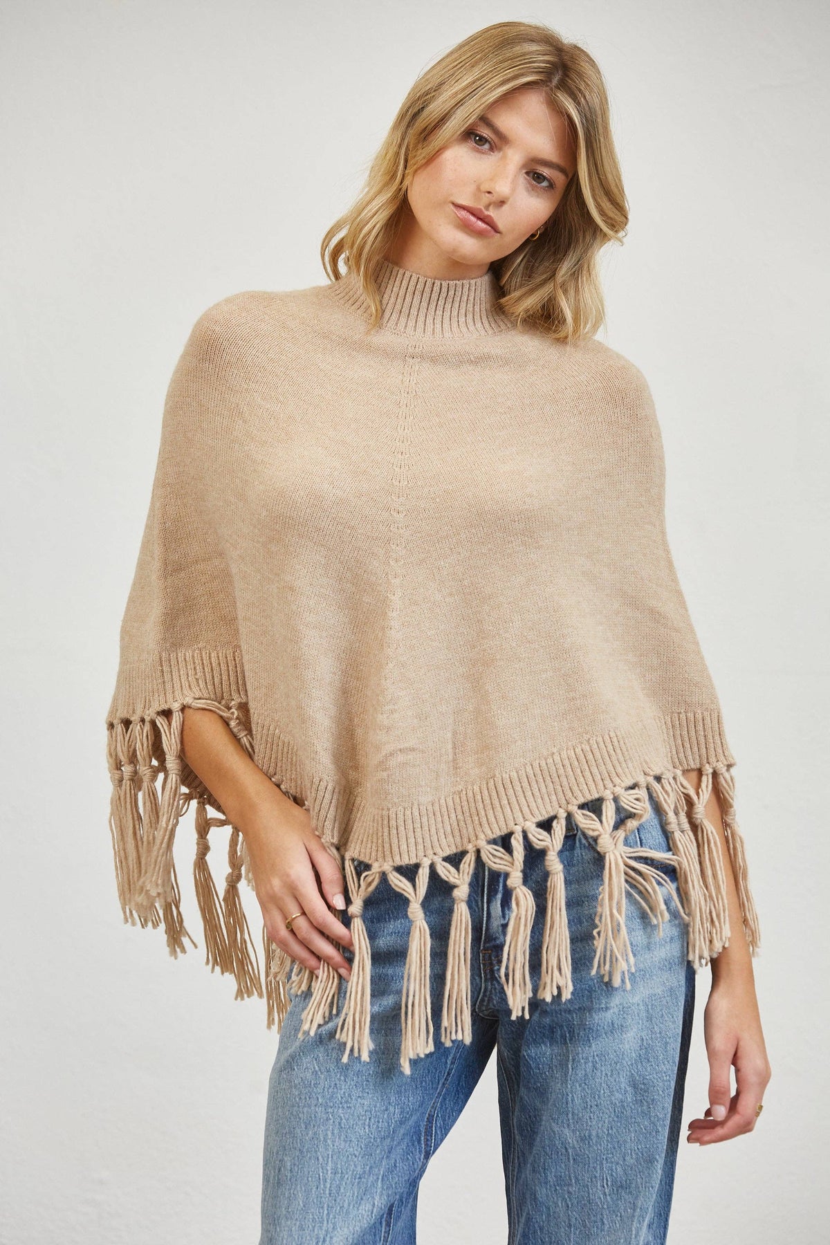 Fringe Mock Neck Poncho