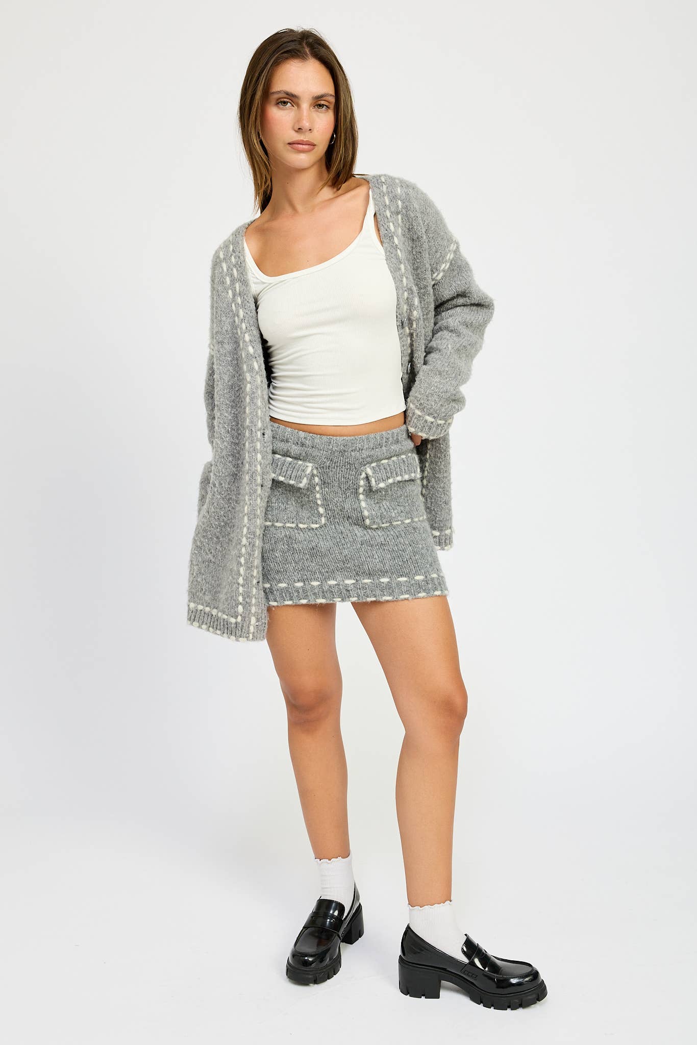 Gray Contrasted Stitch Cardigan