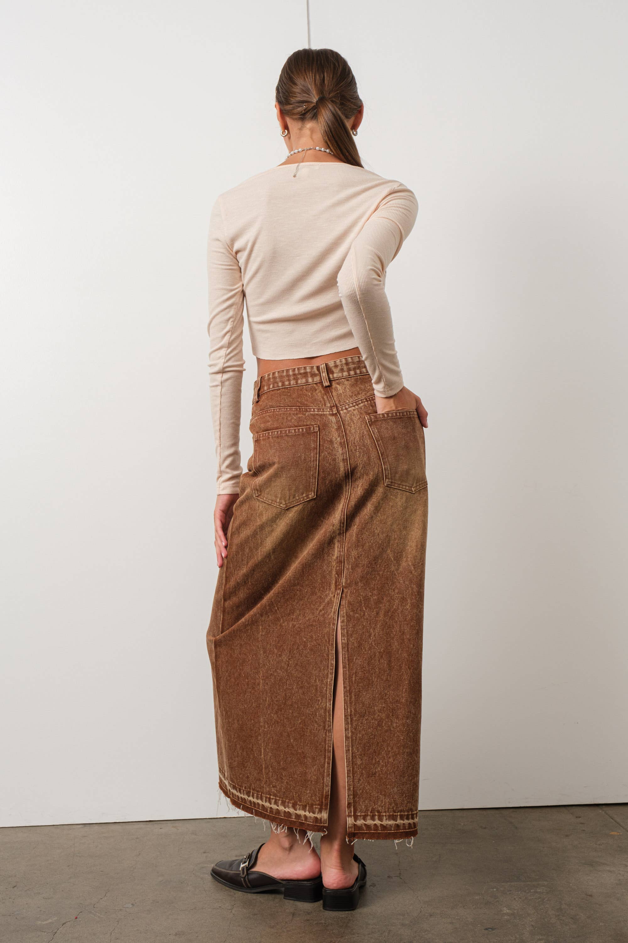 Brown Washed Denim Skirt