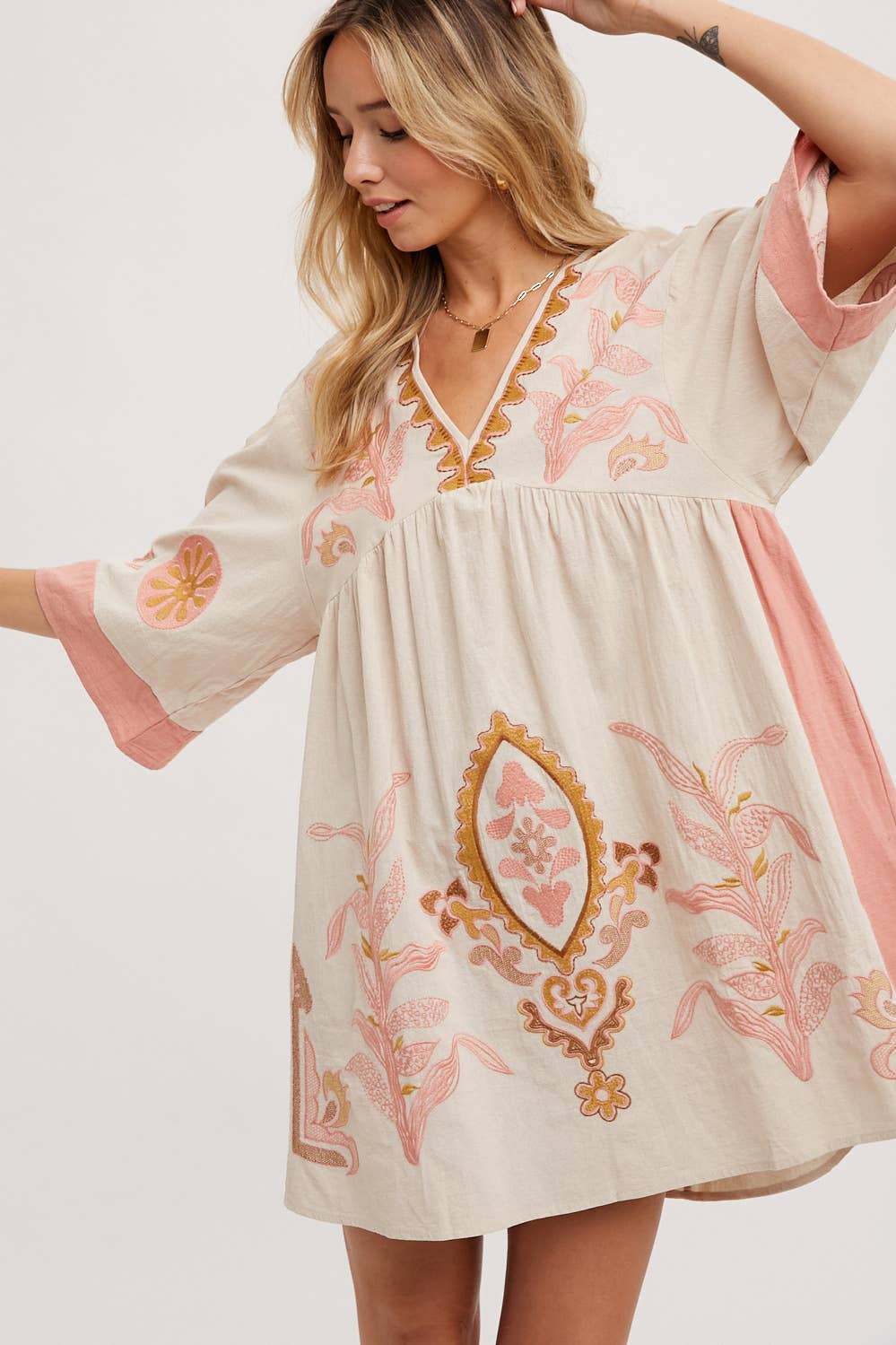 Embroidered Babydoll Dress - Pink