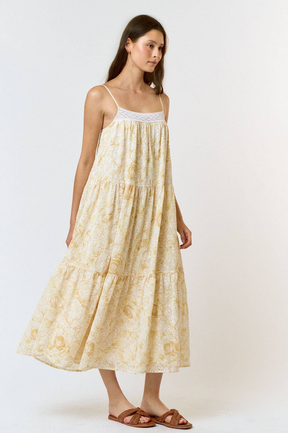 Flower Lace Tiered Maxi Dress - Yellow