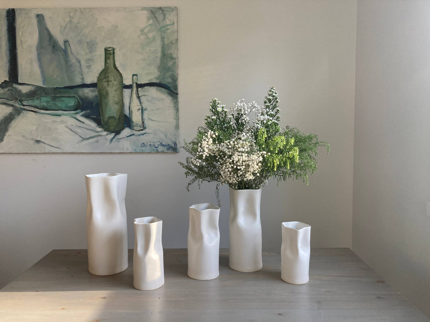 White Satin Ceramic Pinched Vase: Satin White / bud vase