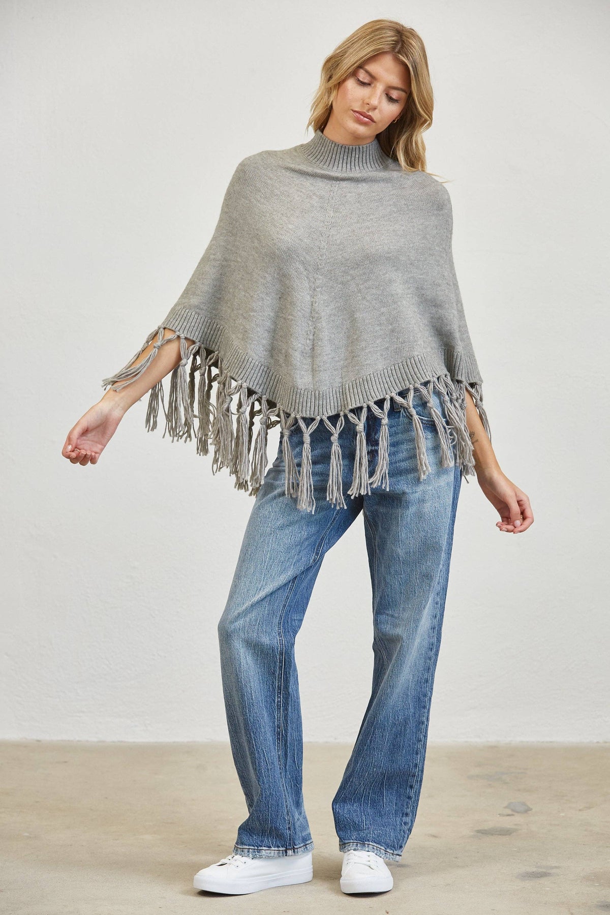 Fringe Mock Neck Poncho