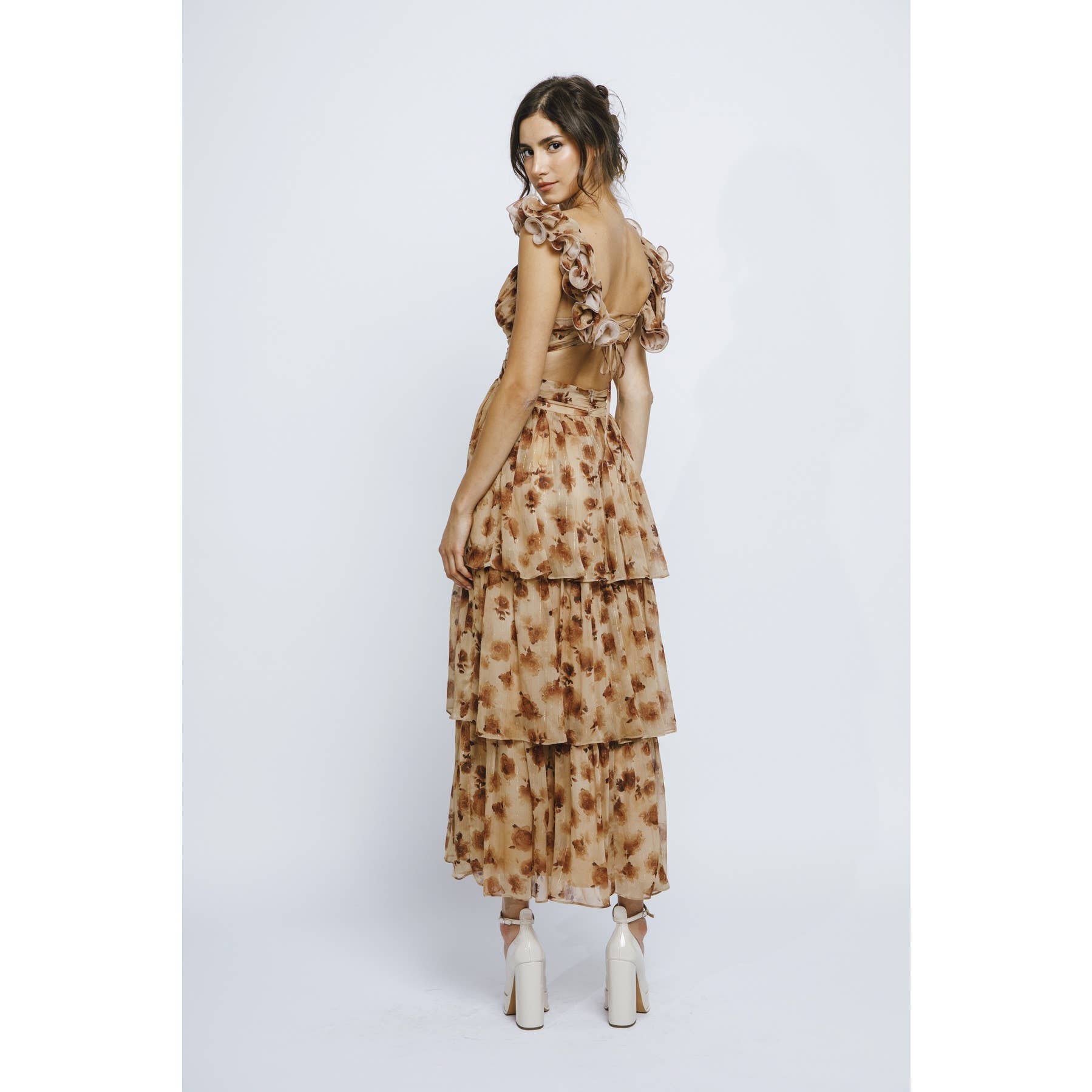 Brown Floral Ruffle Dress