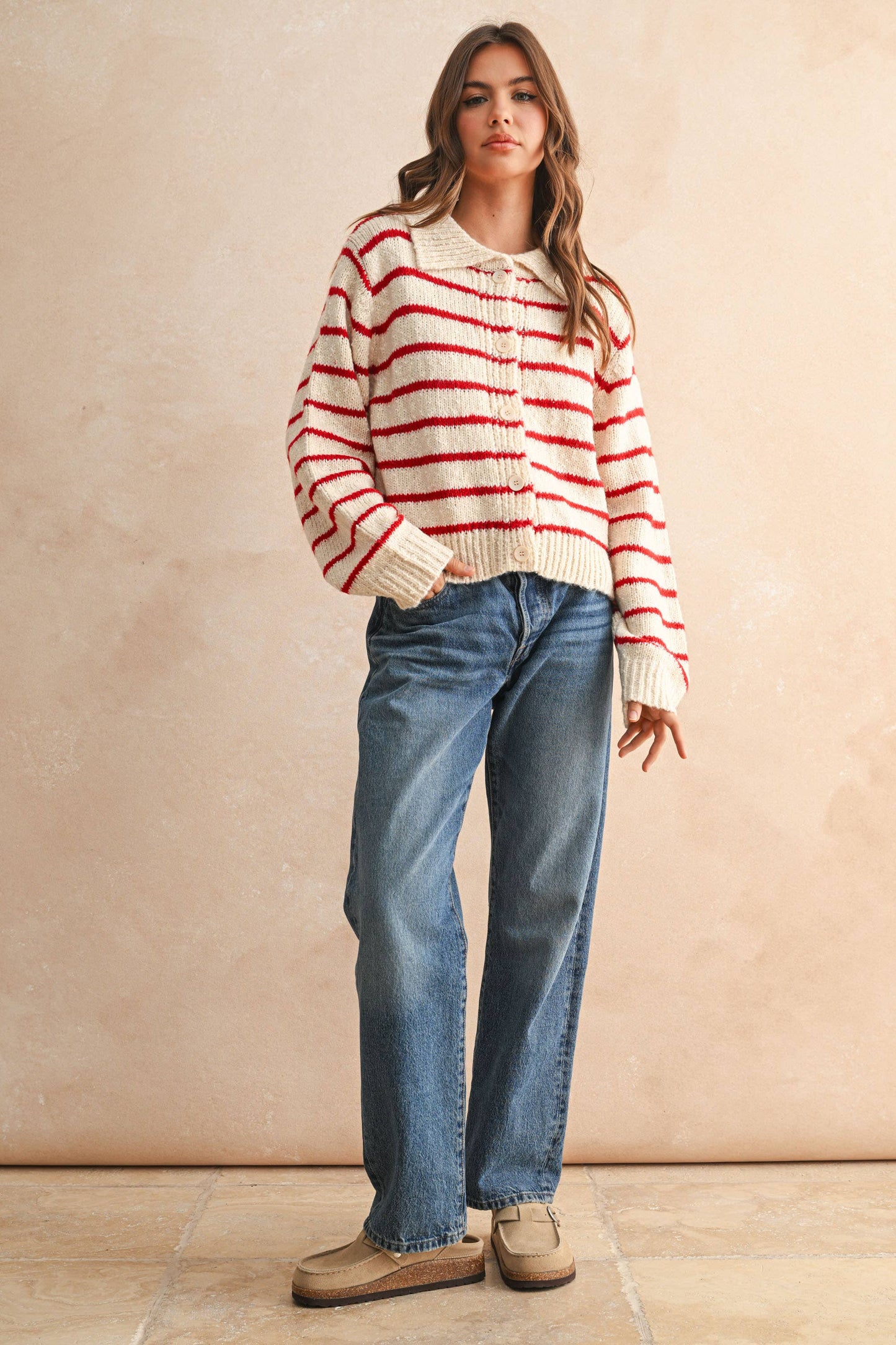 Striped Collared Cardigan Red