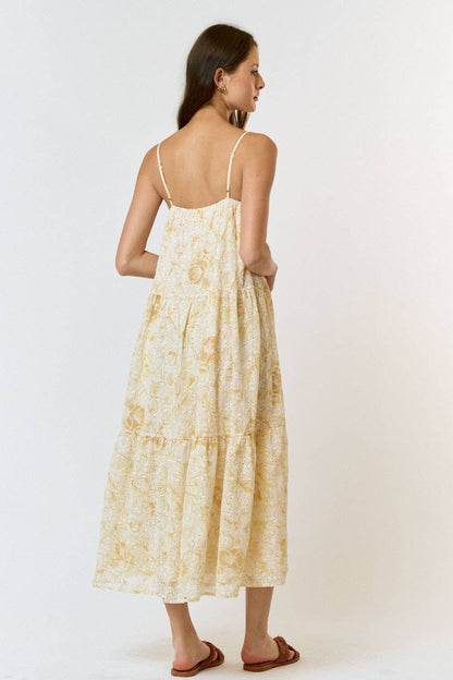 Flower Lace Tiered Maxi Dress - Yellow