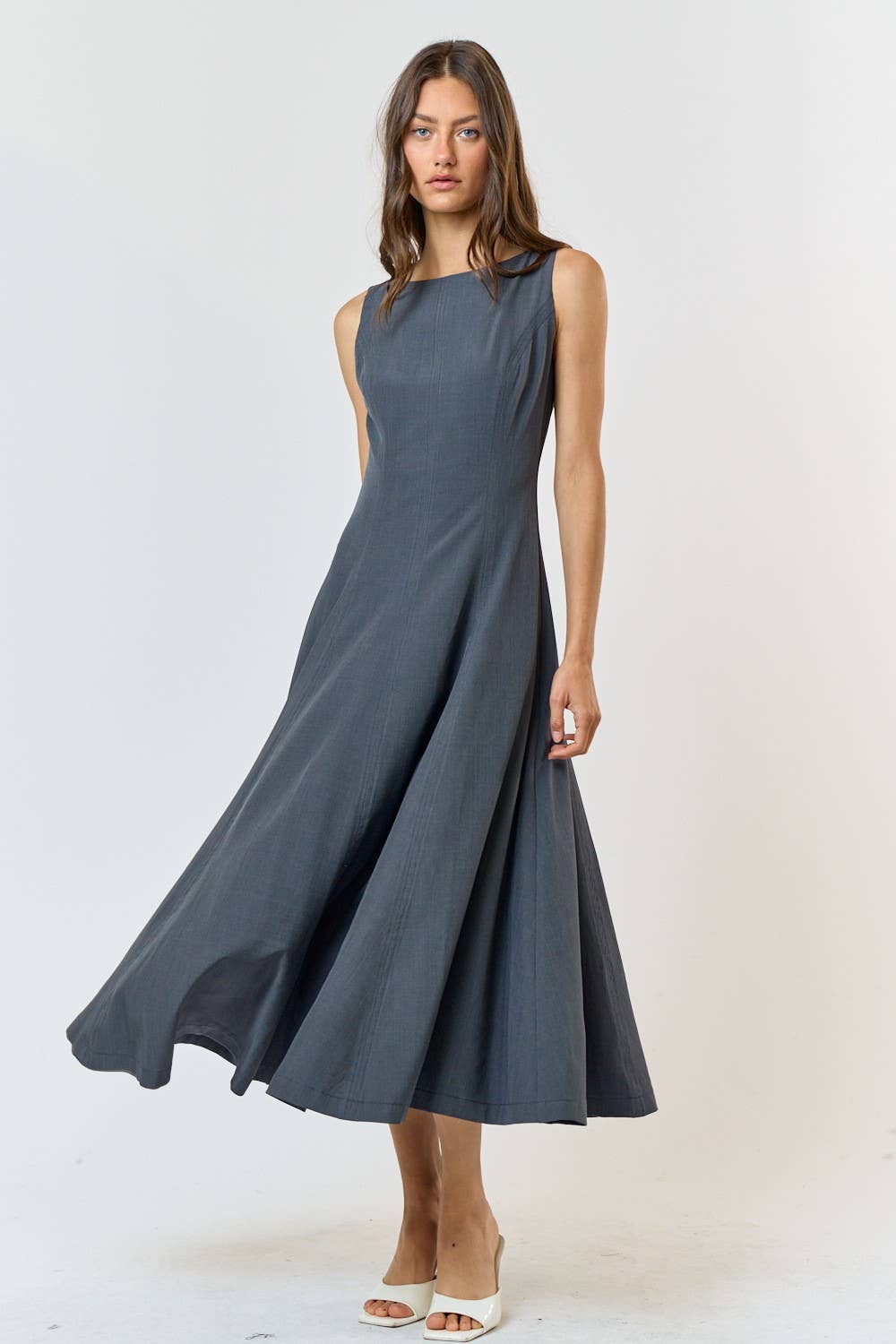 Boat Neck Flared Midi Dress - Charcoal