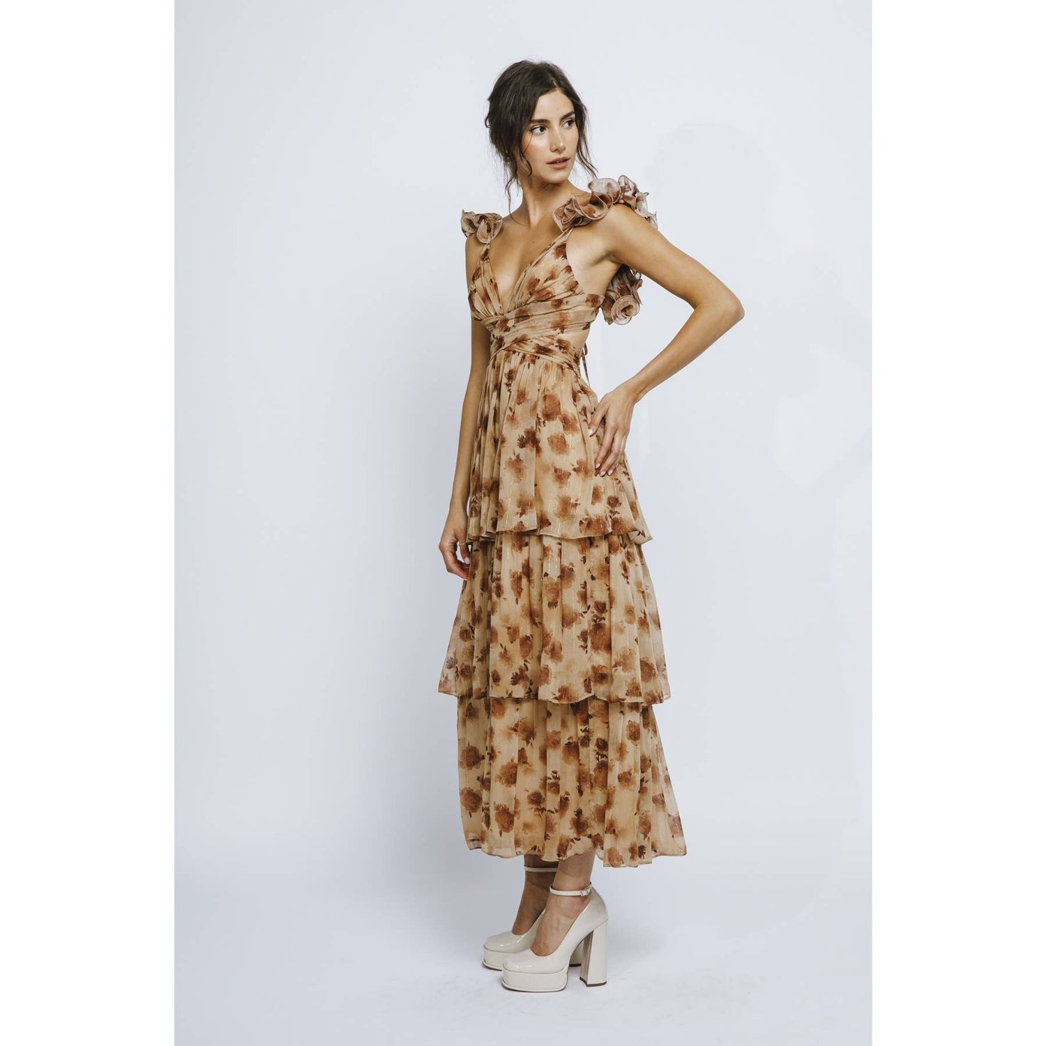 Brown Floral Ruffle Dress