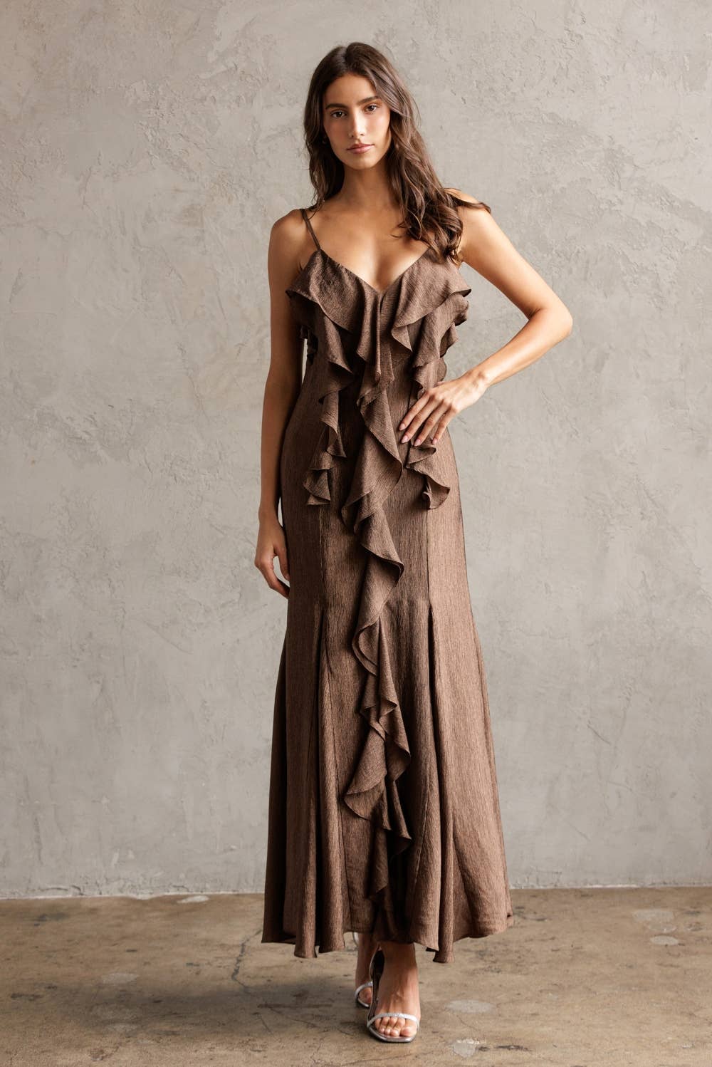 Ruffled Texture Maxi Dress - Brown