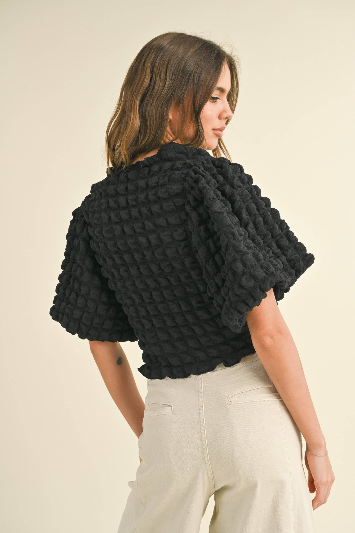 Balloon Sleeve Popcorn Blouse - Black