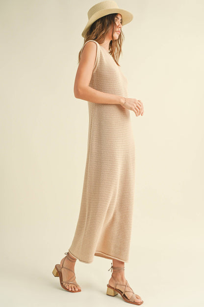 Sleeveless Crochet Knit Dress - Tan