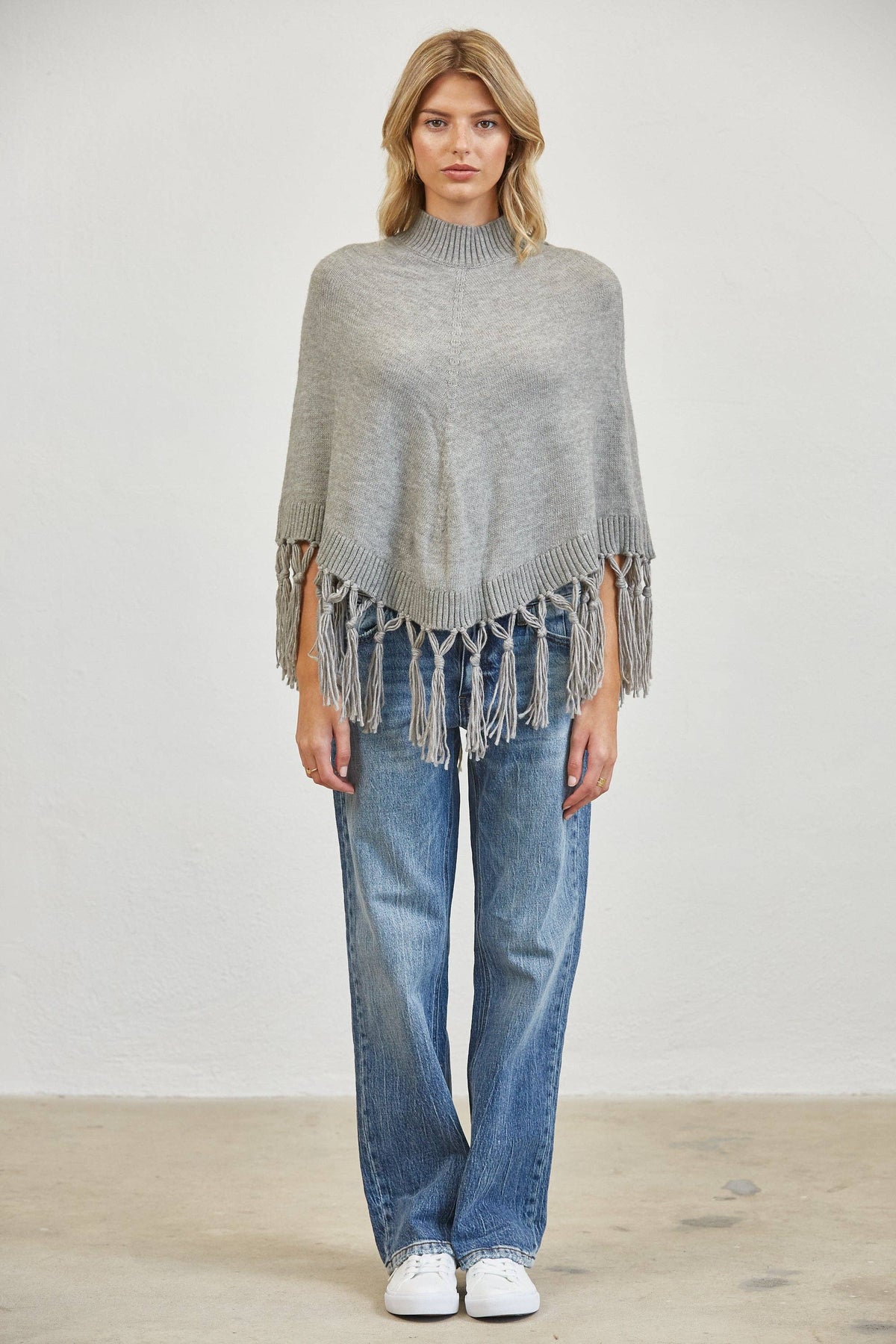 Fringe Mock Neck Poncho