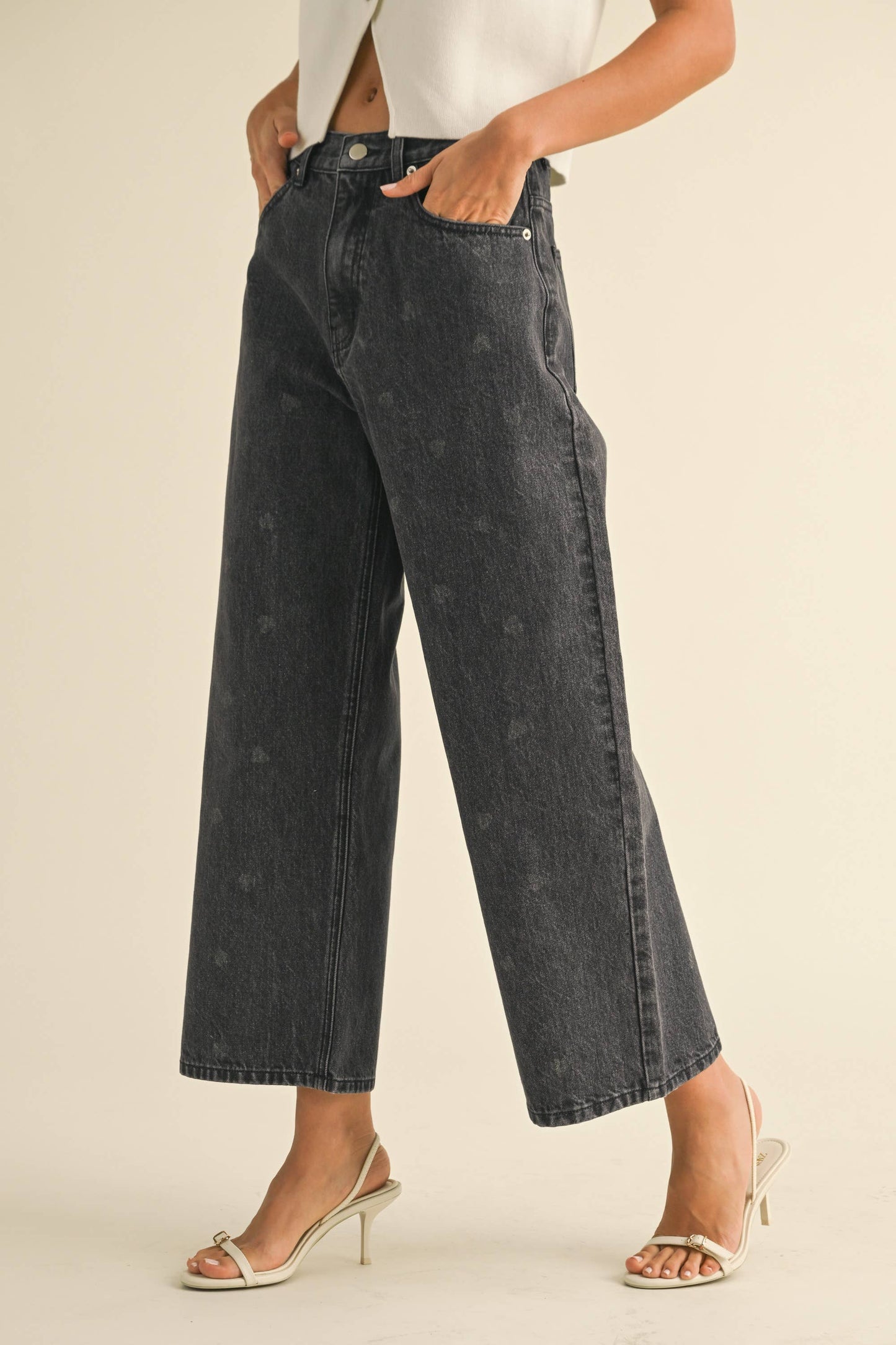 Heart Print Black Denim Pants