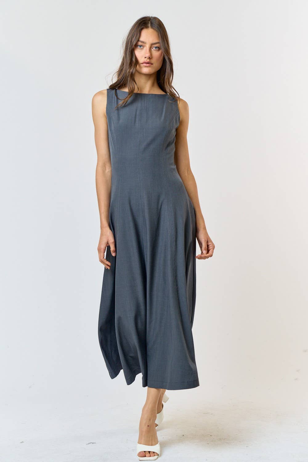 Boat Neck Flared Midi Dress - Charcoal