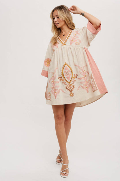 Embroidered Babydoll Dress - Pink