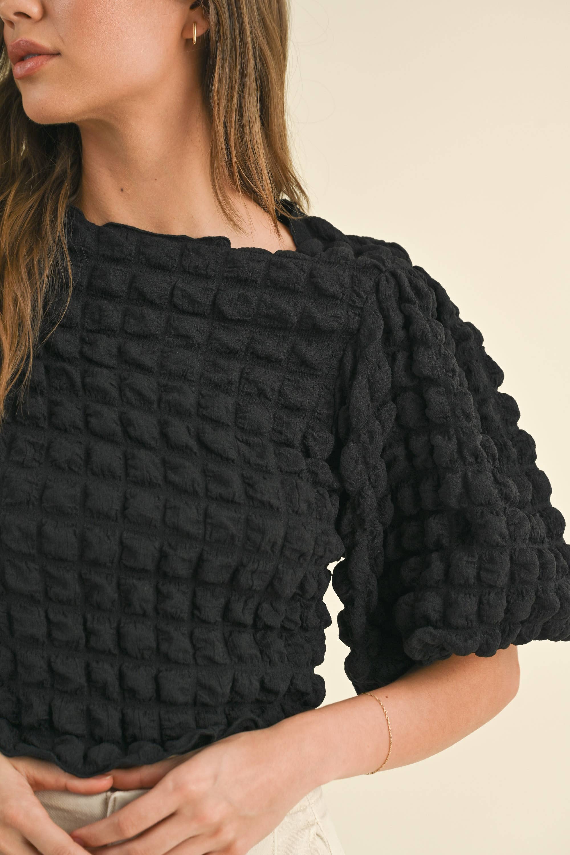 Balloon Sleeve Popcorn Blouse - Black