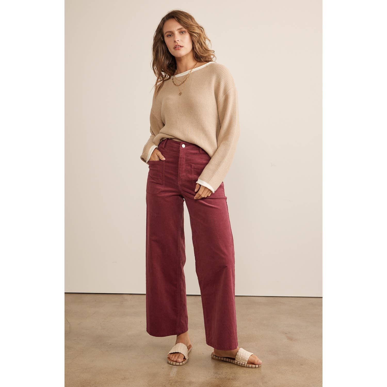 Wide Leg Corduroy Pants - Berry