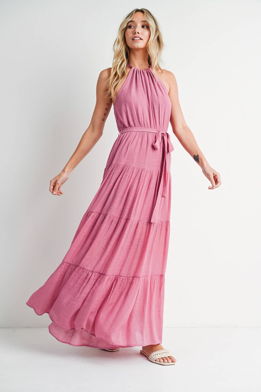 Rose Tiered Halter Maxi Dress