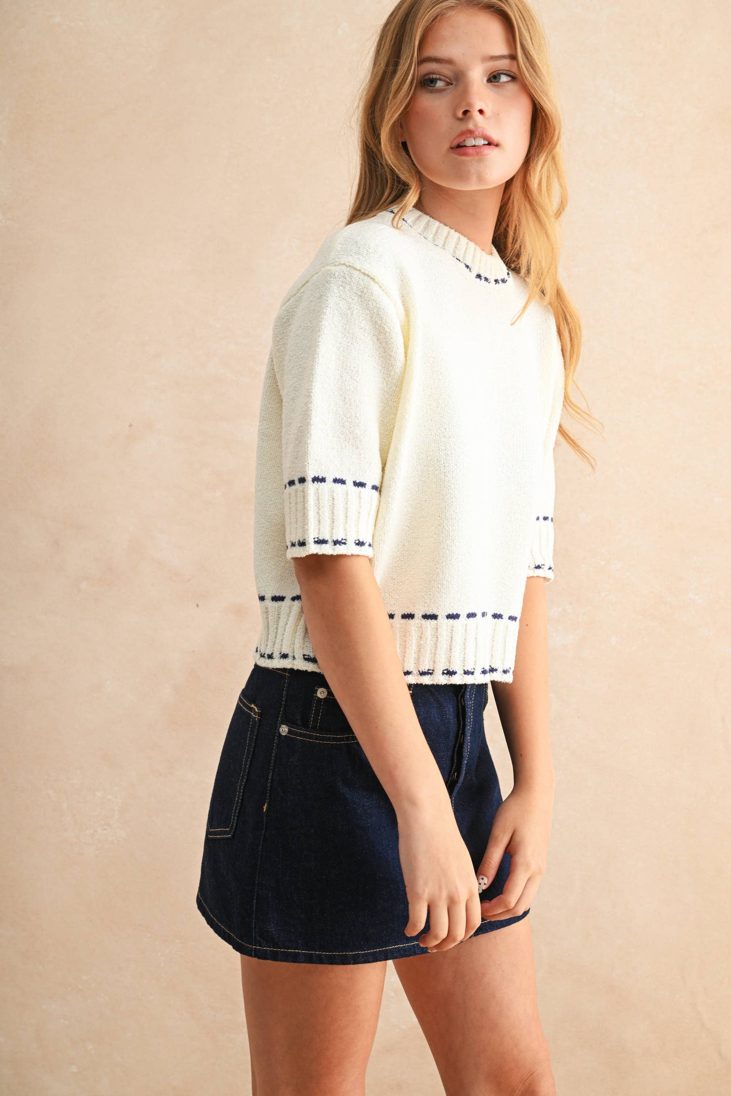 Navy Stitch Short Sleeve Top