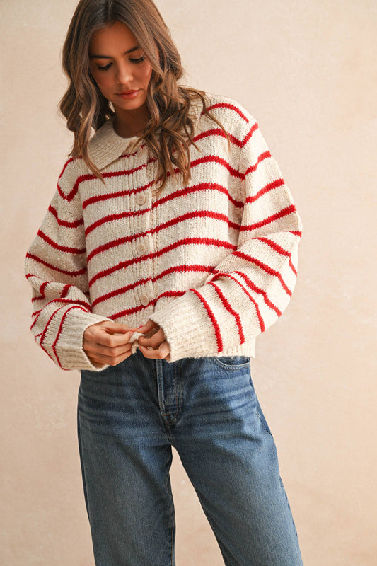Striped Collared Cardigan Red