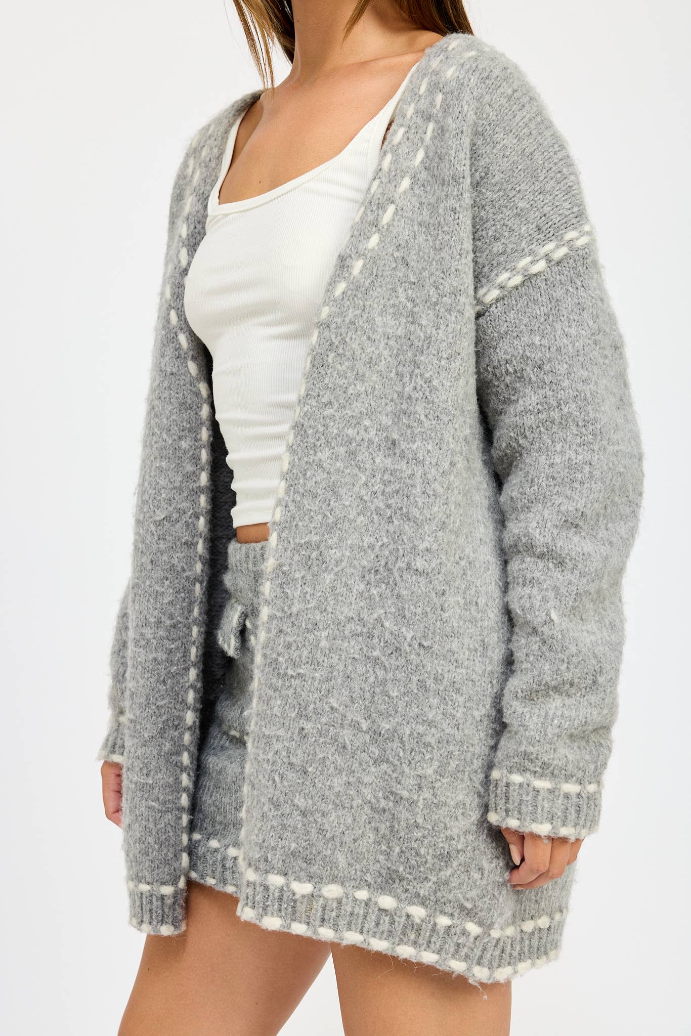 Gray Contrasted Stitch Cardigan