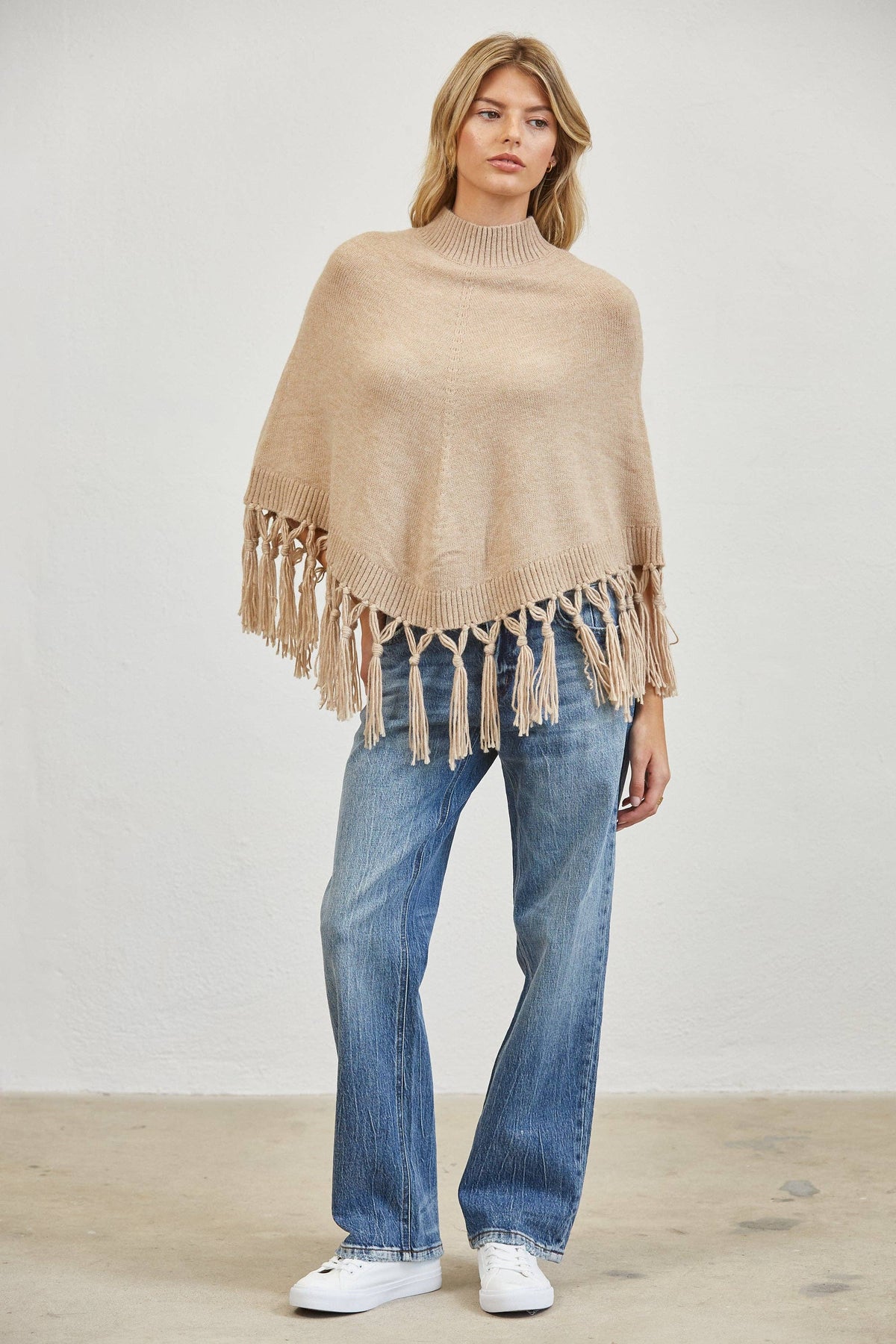 Fringe Mock Neck Poncho