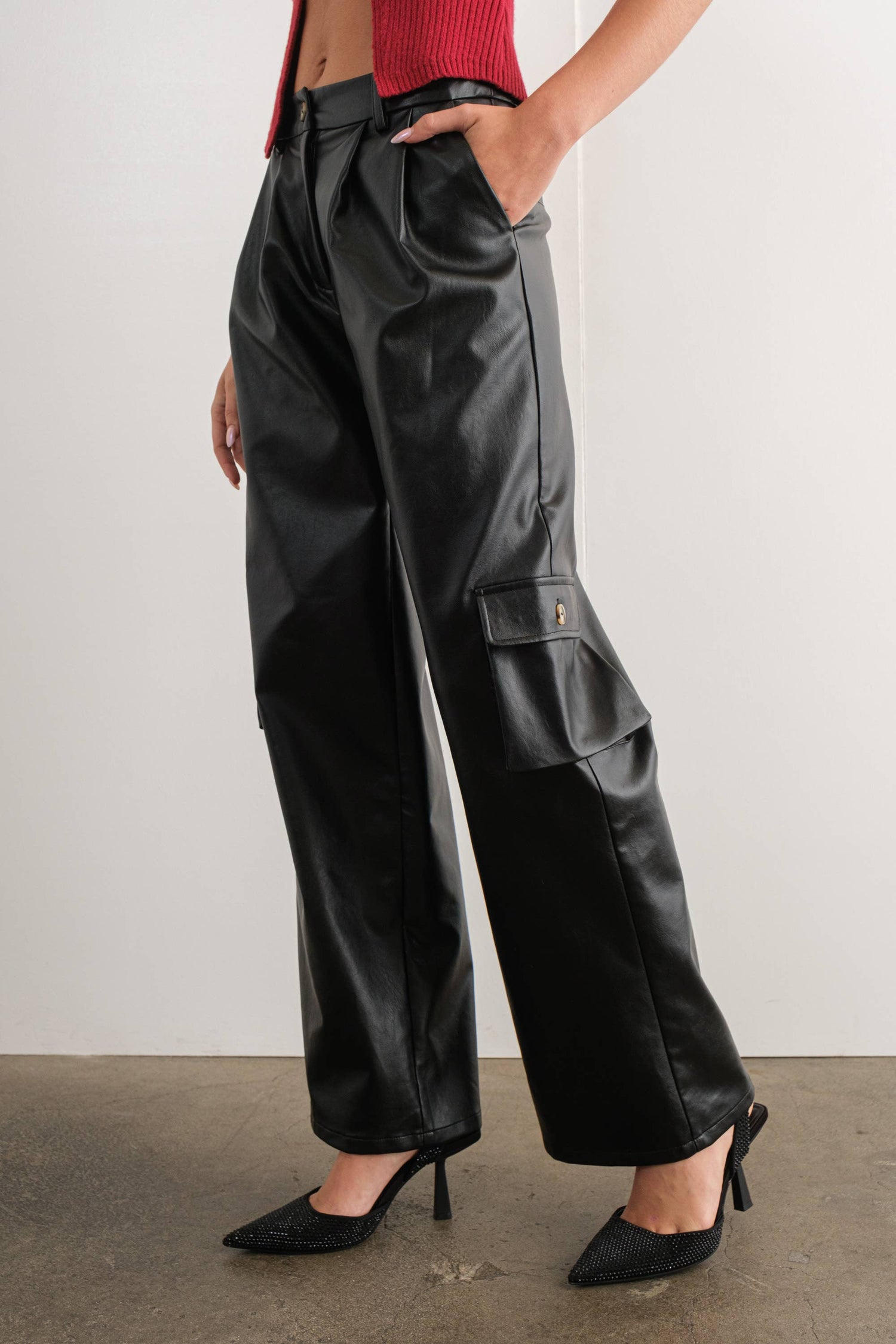 Wide Cargo Black Leather Pants