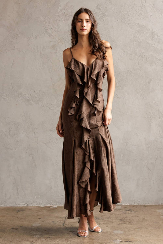 Ruffled Texture Maxi Dress - Brown