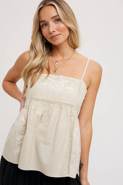 Natural Embroidered Baby Doll Cami Top