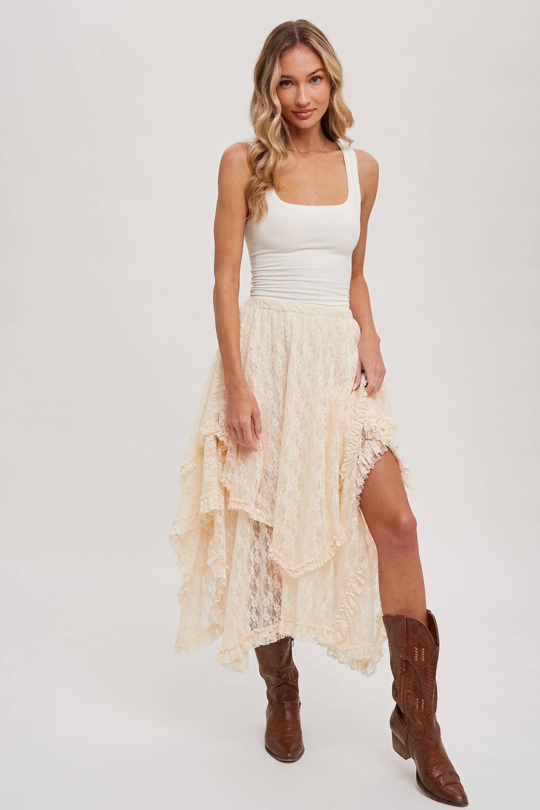 Ecru Lace Tier Midi Skirt