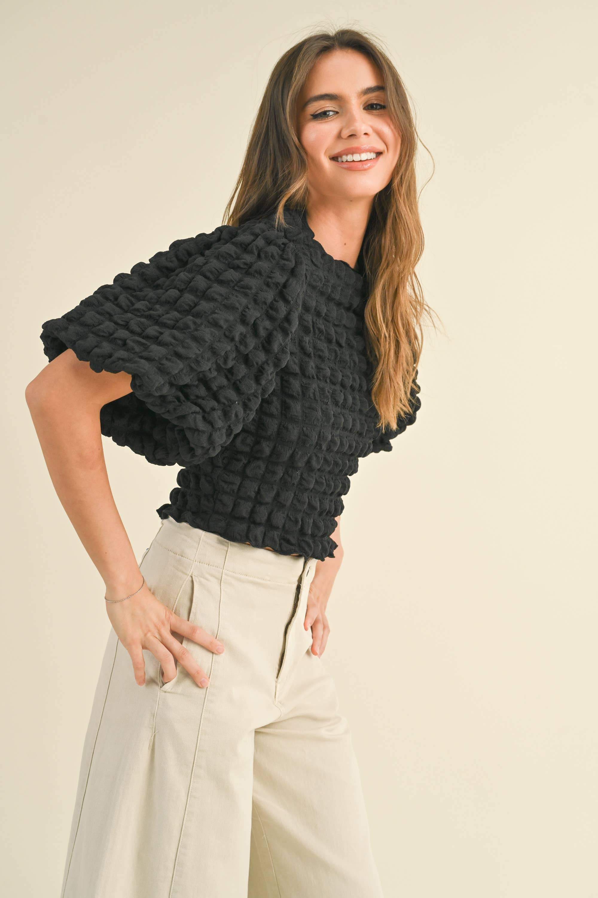 Balloon Sleeve Popcorn Blouse - Black