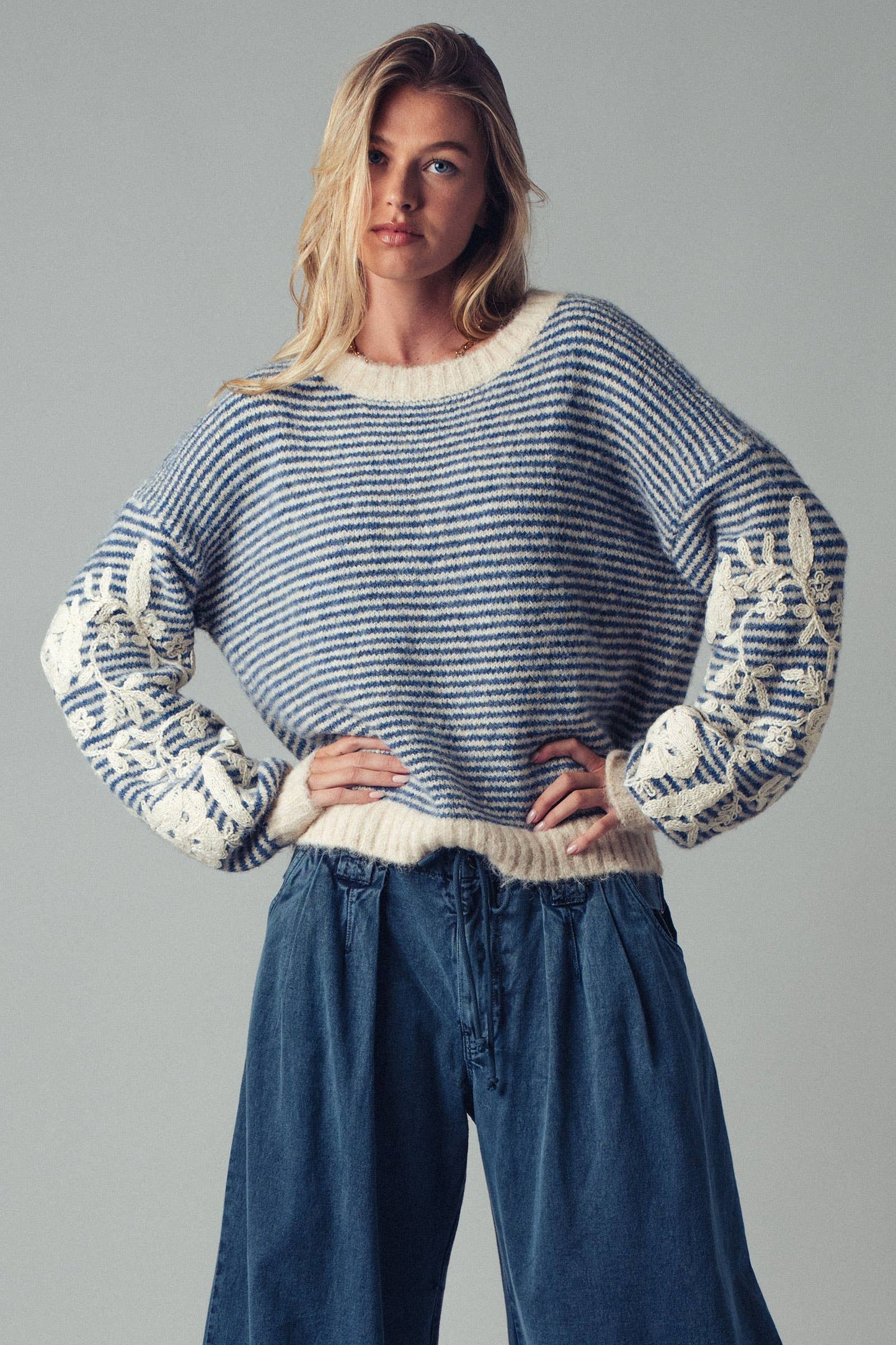 Floral Embroidered Stripe Sweater