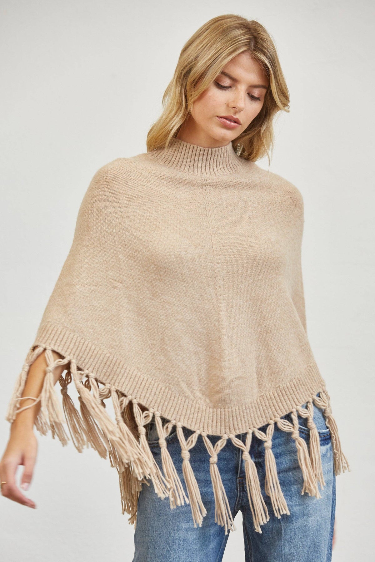 Fringe Mock Neck Poncho
