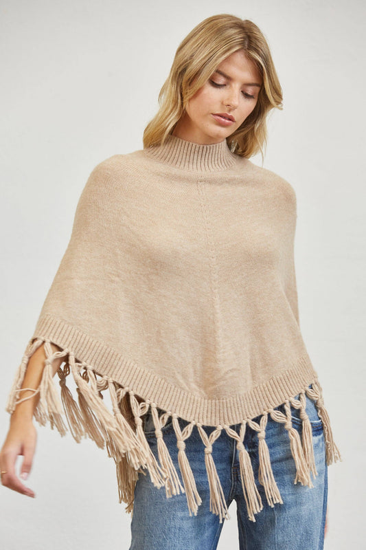 Fringe Mock Neck Poncho