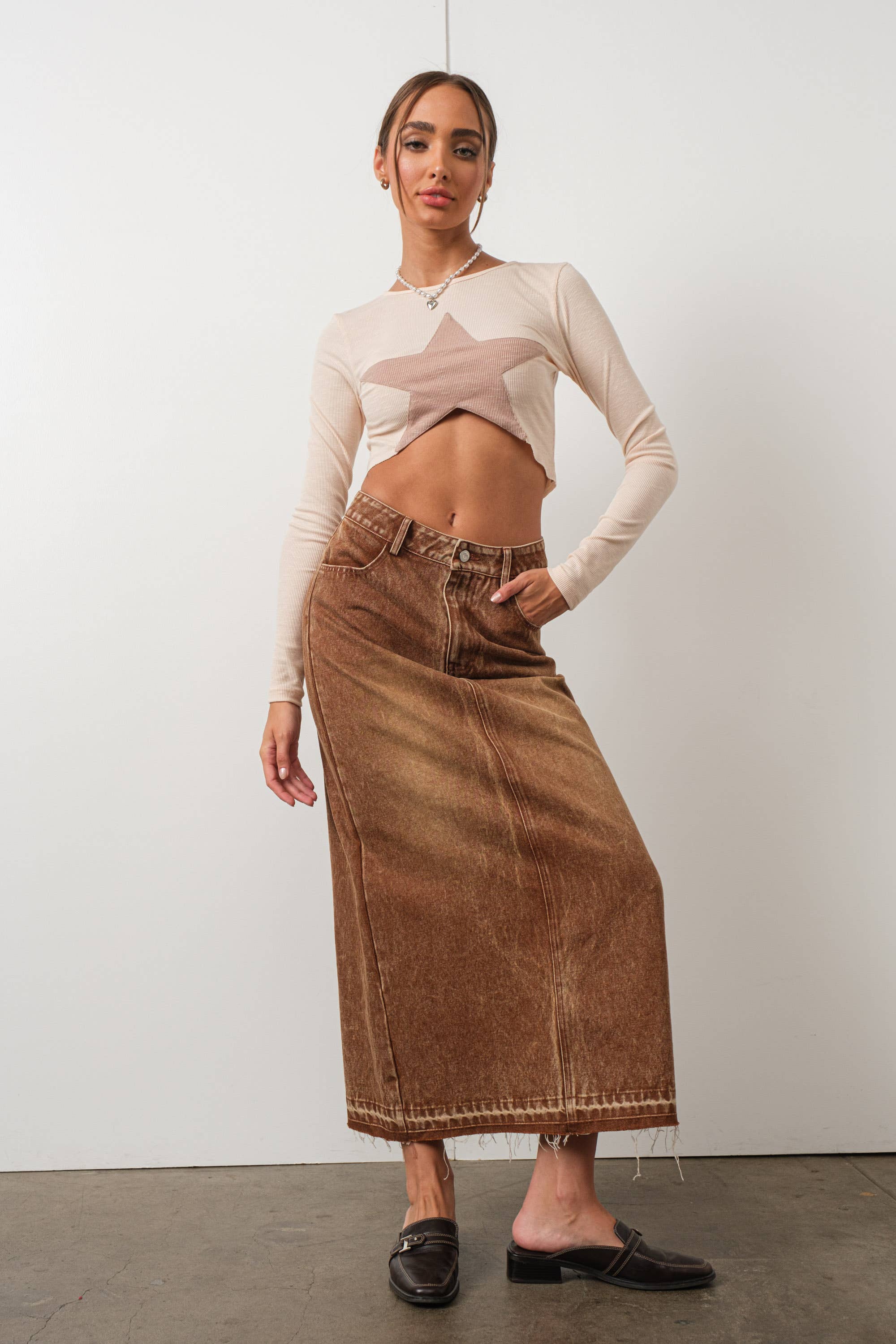 Brown Washed Denim Skirt