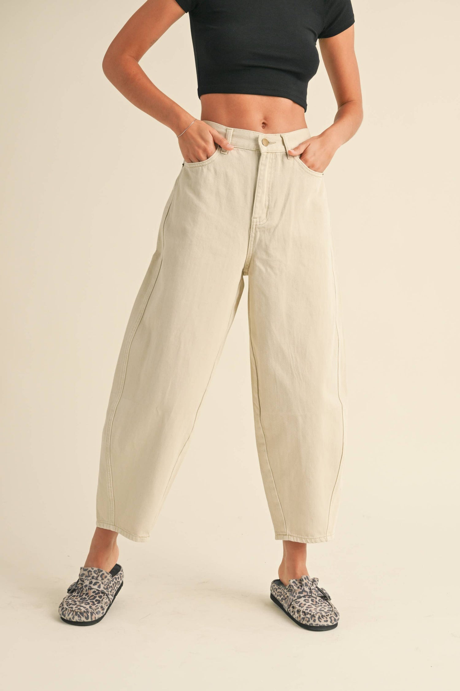 Beige Washed Barrel Pants