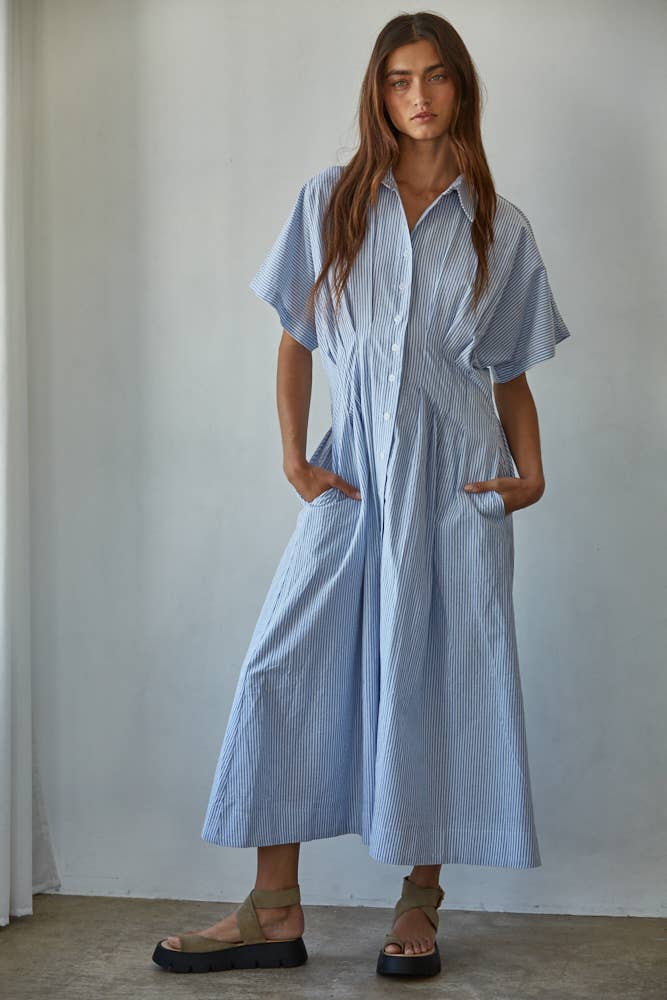 Cream Blue Pleated Dress