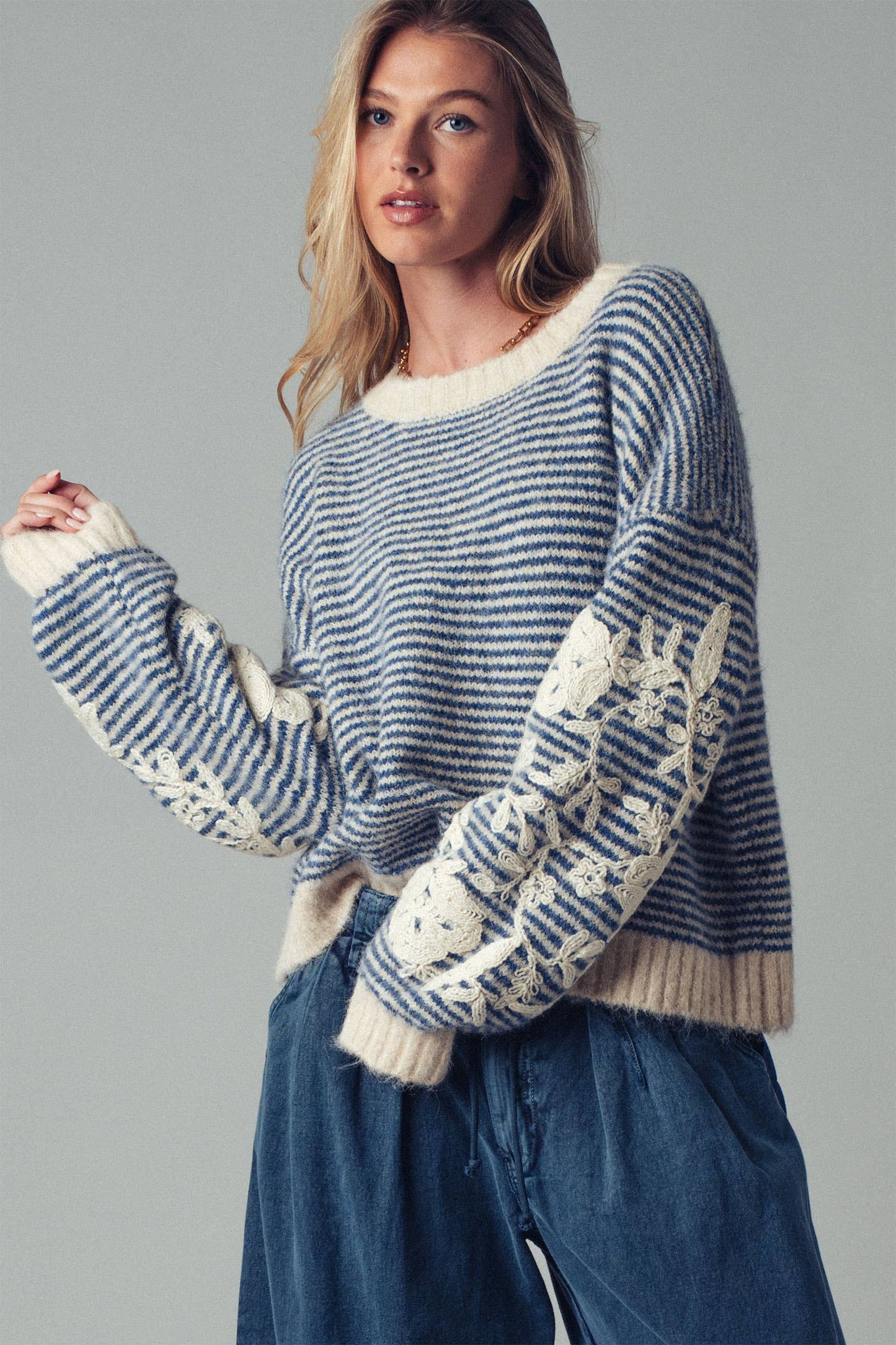 Floral Embroidered Stripe Sweater