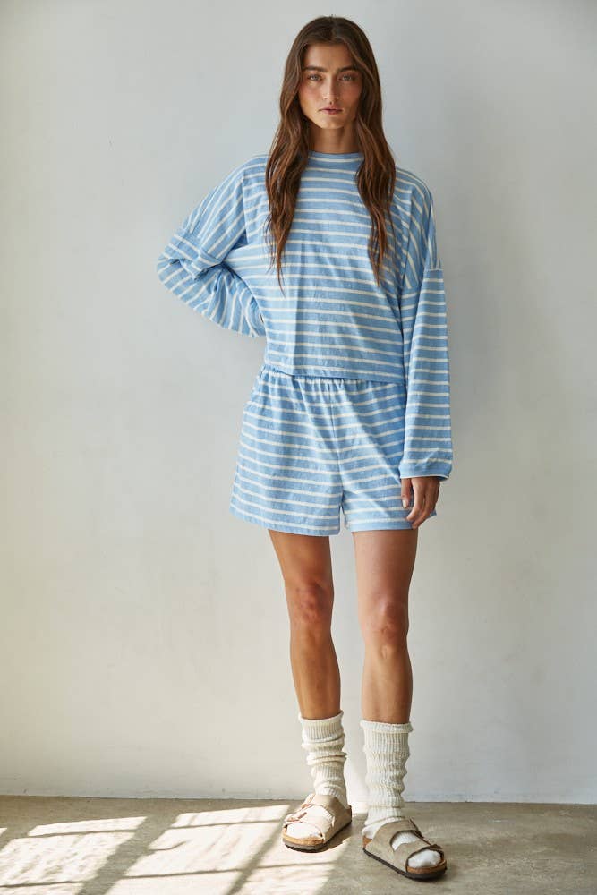 Blue Striped Elastic Shorts