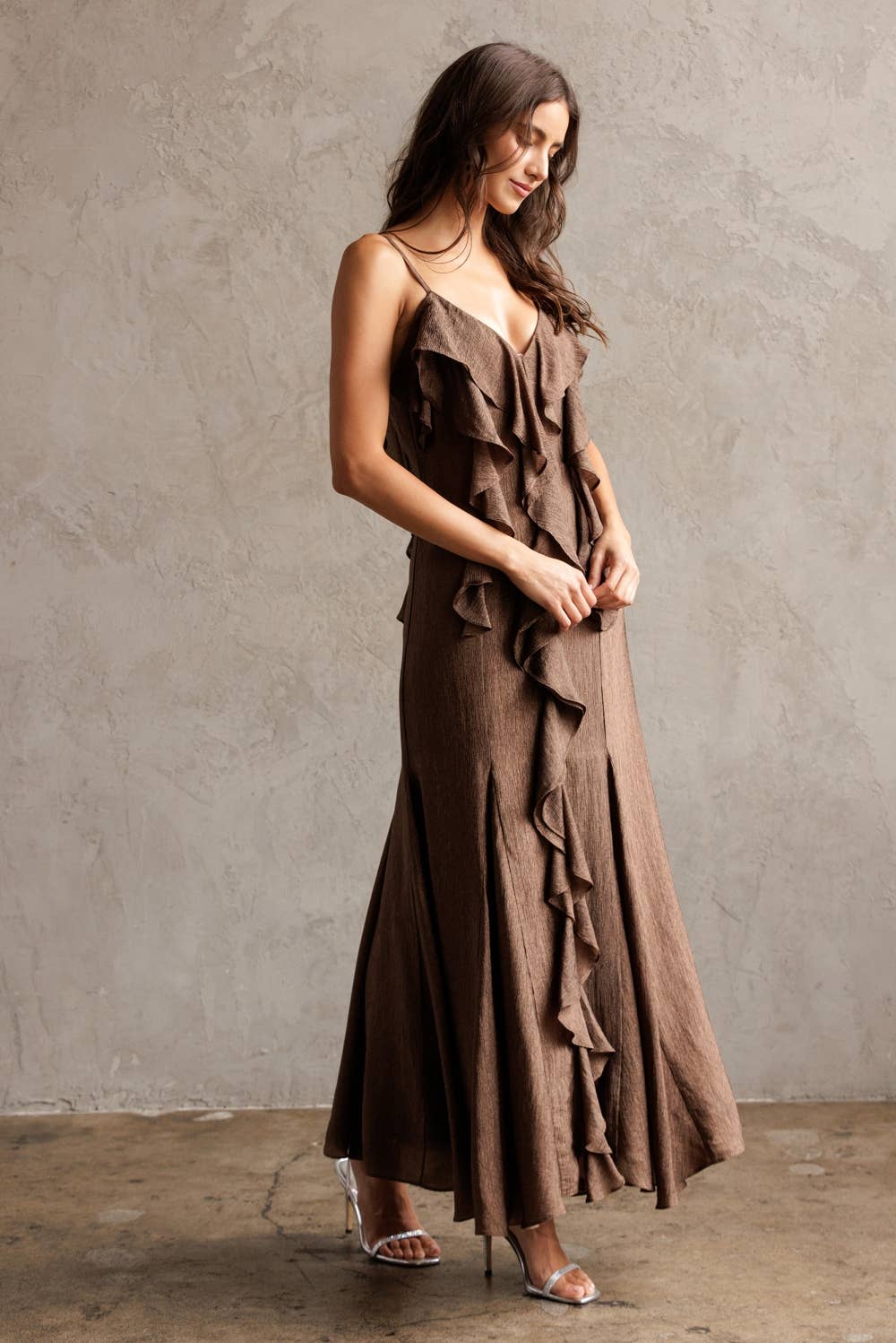 Ruffled Texture Maxi Dress - Brown