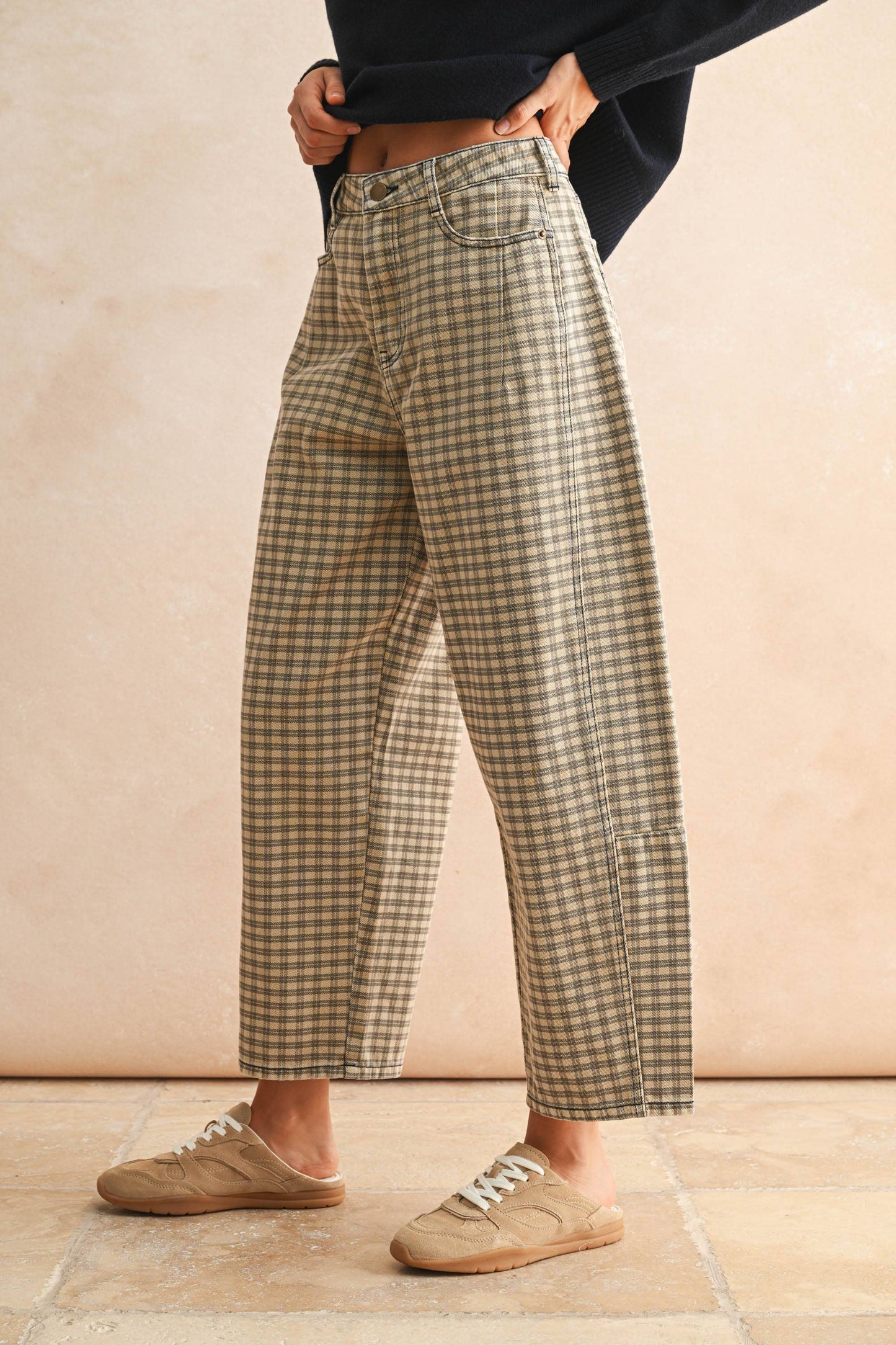 Tan Checker Barrel Pants