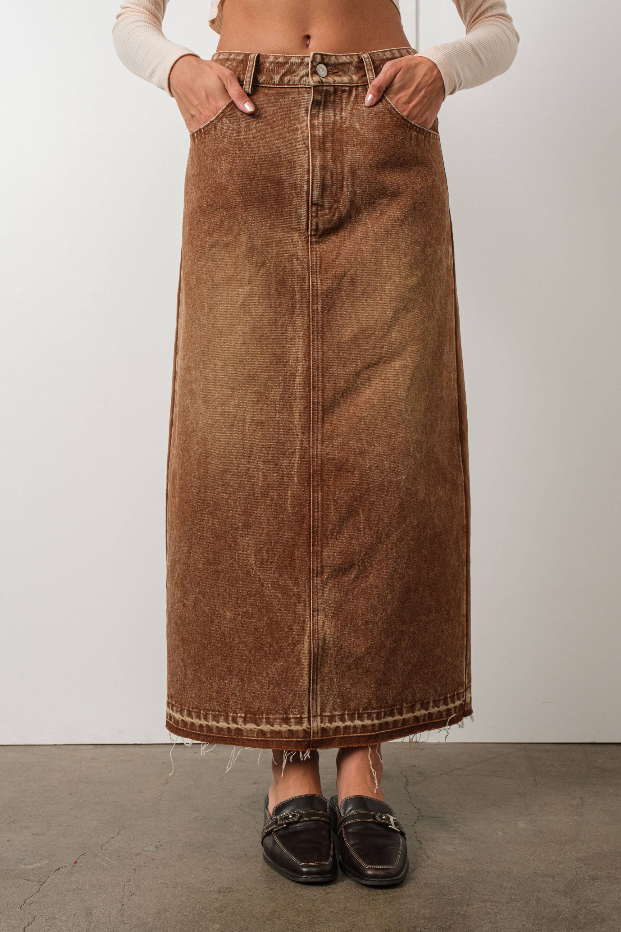 Brown Washed Denim Skirt