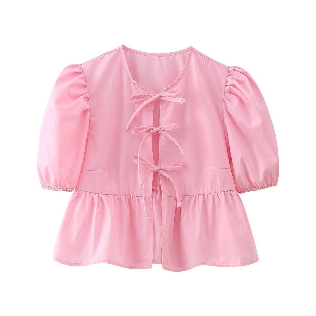 Front-Tie Peplum Blouse - Pink